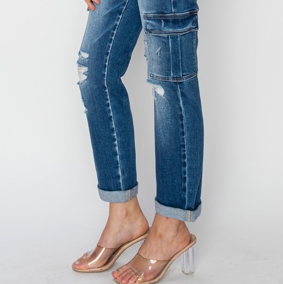 RISEN Retro 90 Cargo High-Rise Distressed Rolled Ankle Denim Jeans Utility Pants - Picture 8 of 15